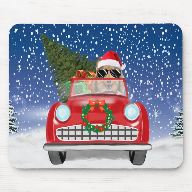 Rough Collie Dog Driving Car In Snow Christmas Mouse Pad (Front)