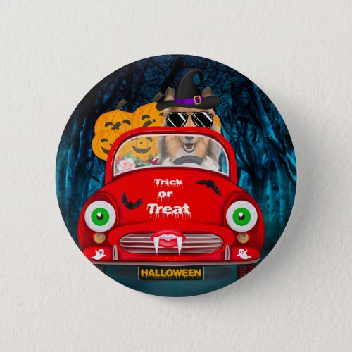 Rough Collie Dog Driving Car Scary Halloween Button