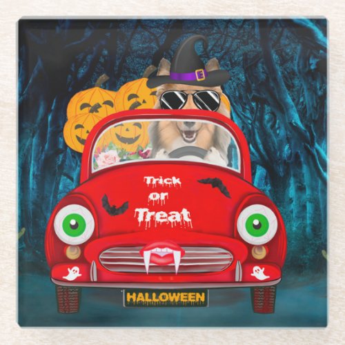 Rough Collie Dog Driving Car Scary Halloween Glass Coaster