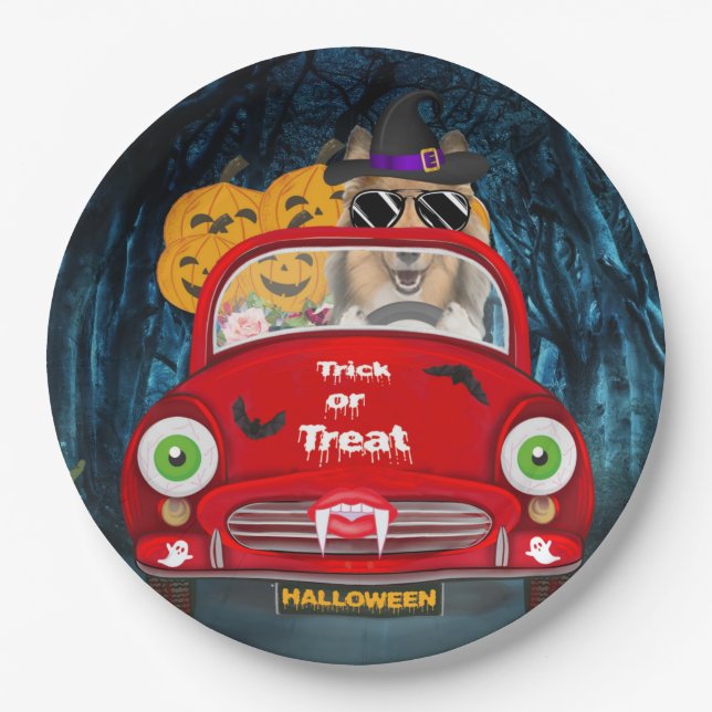 Rough Collie Dog Driving Car Scary Halloween Paper Plates (Front)