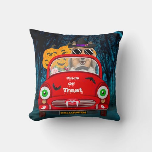 Rough Collie Dog Driving Car Scary Halloween  Throw Pillow