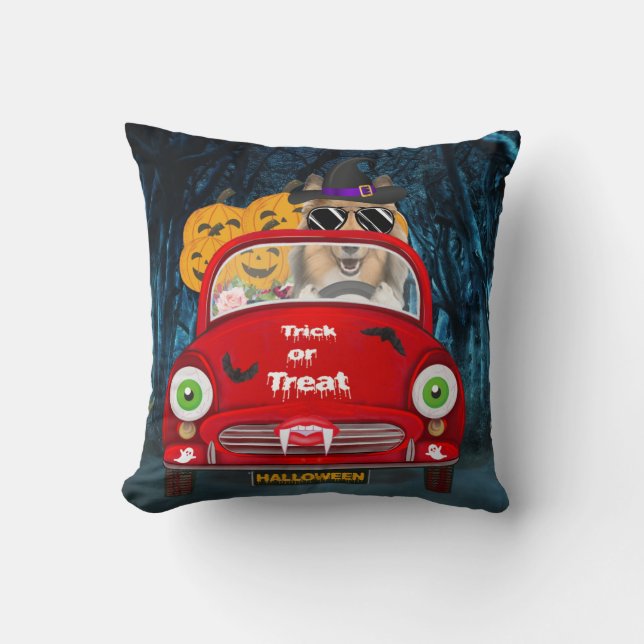 Rough Collie Dog Driving Car Scary Halloween  Throw Pillow (Front)