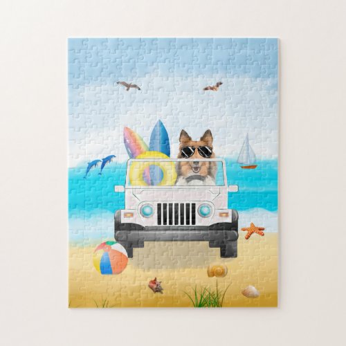 rough collie dog Driving on Beach  Jigsaw Puzzle