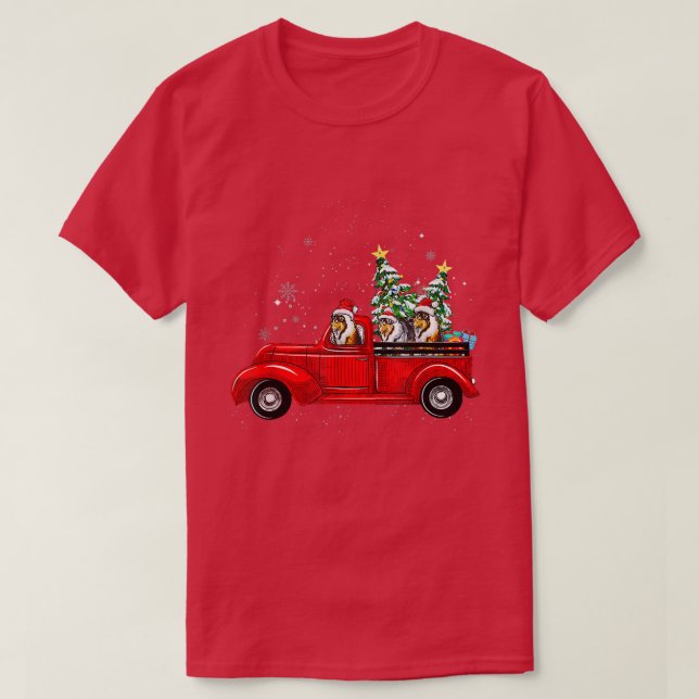 Rough Collie Dog Driving Xmas Truck Christmas Tree T-Shirt (Design Front)