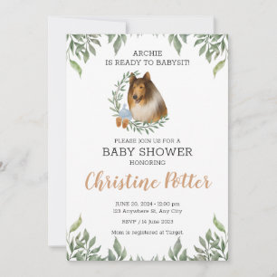 Rough Collie Dog Greenery Boho Baby Shower Invitation