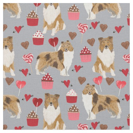 rough collie dog grey cupcakes and hearts fabric