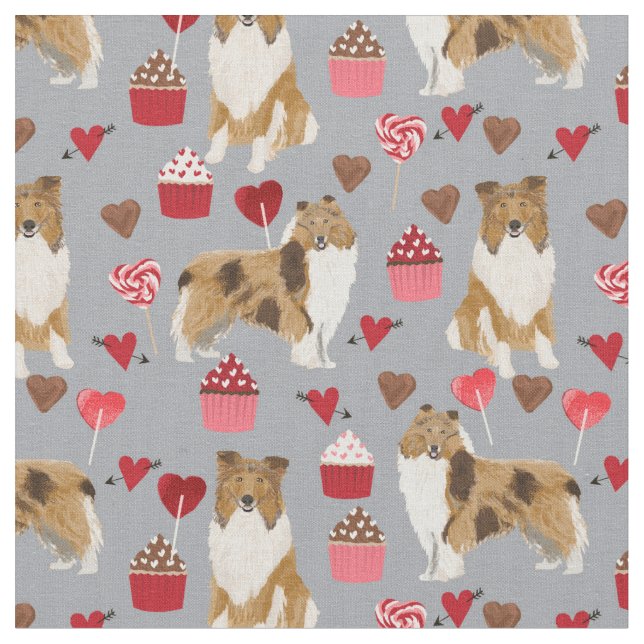 rough collie dog grey cupcakes and hearts fabric (Close Up)