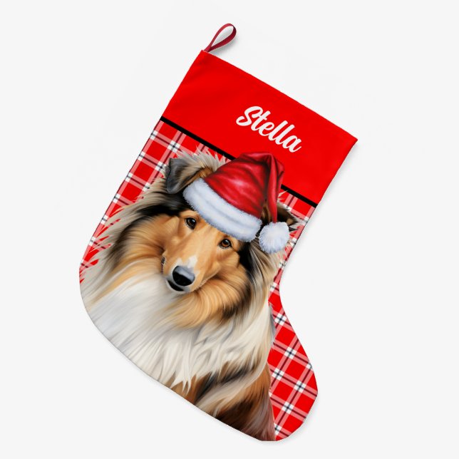 Rough Collie Dog Holiday Red Plaid Personalized Large Christmas Stocking (Front (Hanging))