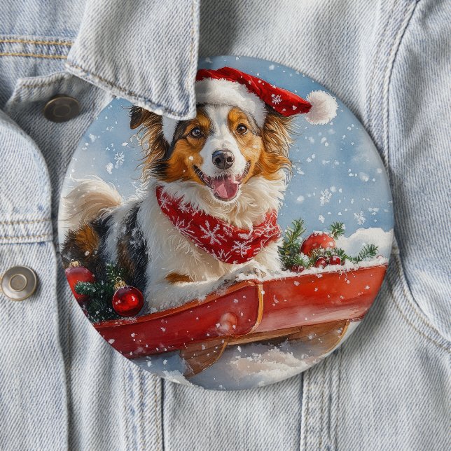 Rough Collie Dog in Sledge Let it Snow Christmas Button (In Situ)