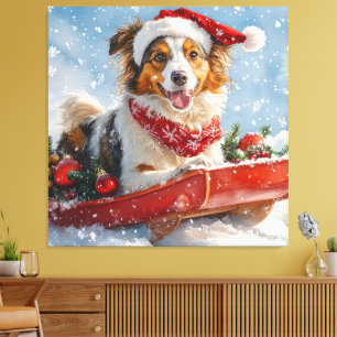 Rough Collie Dog in Sledge Let it Snow Christmas Canvas Print