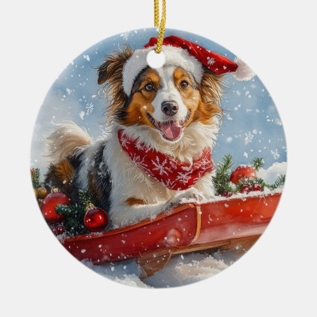 Rough Collie Dog in Sledge Let it Snow Christmas Ceramic Ornament (Front)