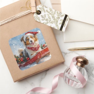 Rough Collie Dog in Sledge Let it Snow Christmas Square Sticker