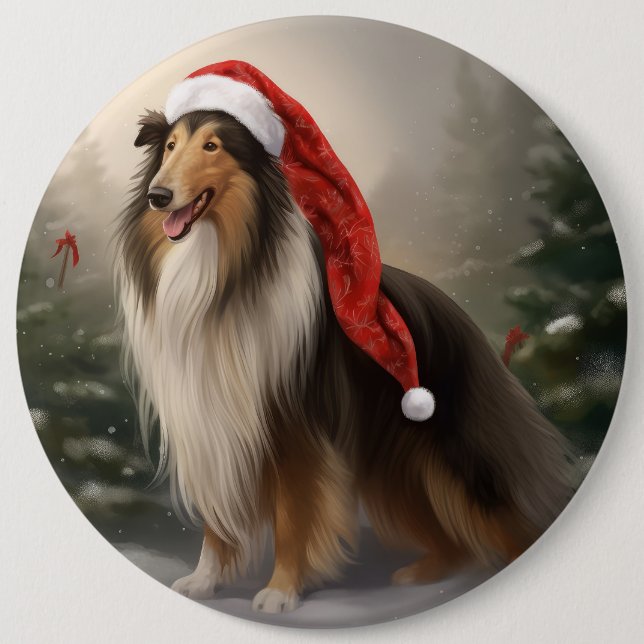 Rough Collie Dog in Snow Christmas Button (Front)