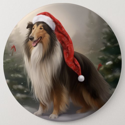 Rough Collie Dog in Snow Christmas Button