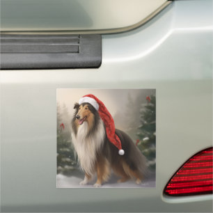Rough Collie Dog in Snow Christmas Car Magnet