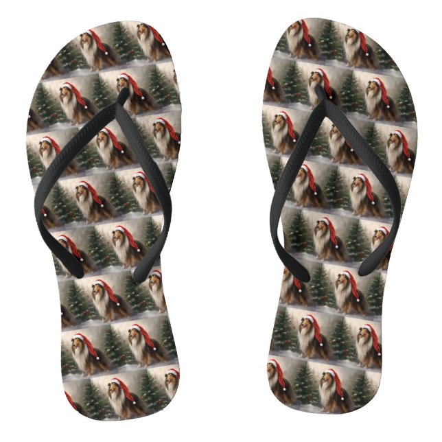 Rough Collie Dog in Snow Christmas Flip Flops (Footbed)