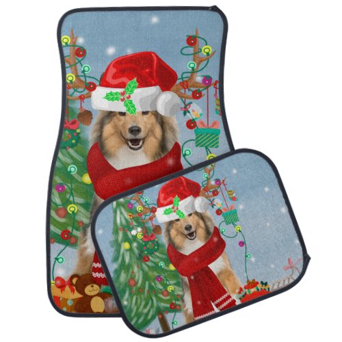 Rough Collie Dog in Snow Christmas Gift   Car Floor Mat