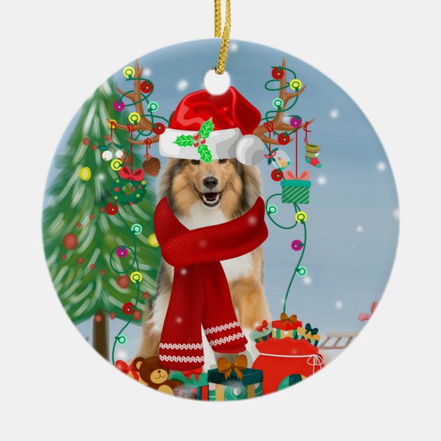 Rough Collie Dog in Snow Christmas Gift   Ceramic Ornament (Front)