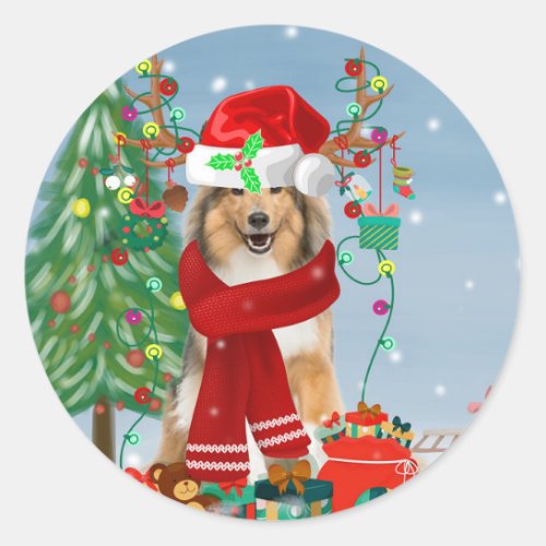 Rough Collie Dog in Snow Christmas Gift   Classic Round Sticker