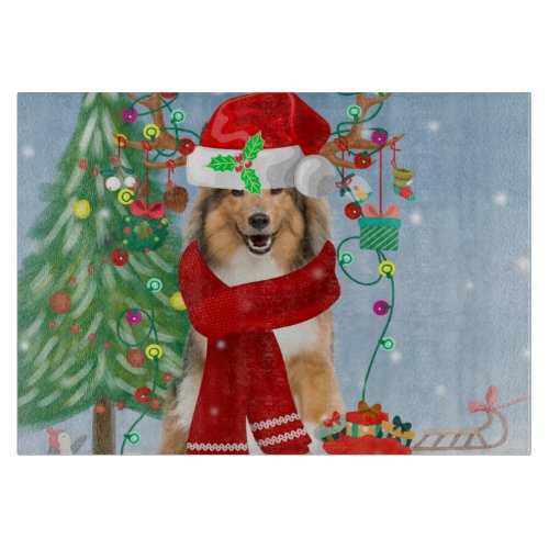 Rough Collie Dog in Snow Christmas Gift  Cutting Board