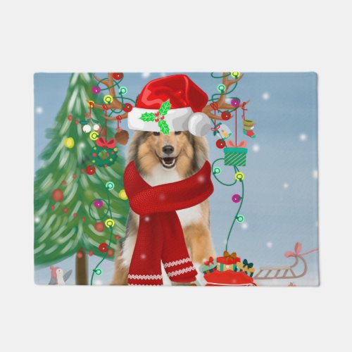 Rough Collie Dog in Snow Christmas Gift   Doormat