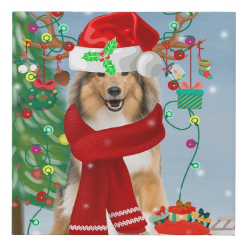 Rough Collie Dog in Snow Christmas Gift   Faux Canvas Print