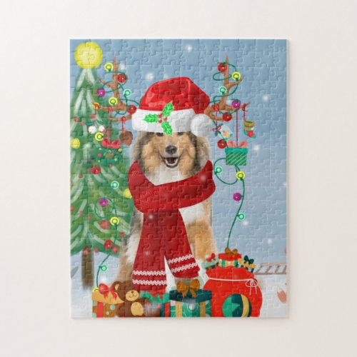 Rough Collie Dog in Snow Christmas Gift   Jigsaw Puzzle