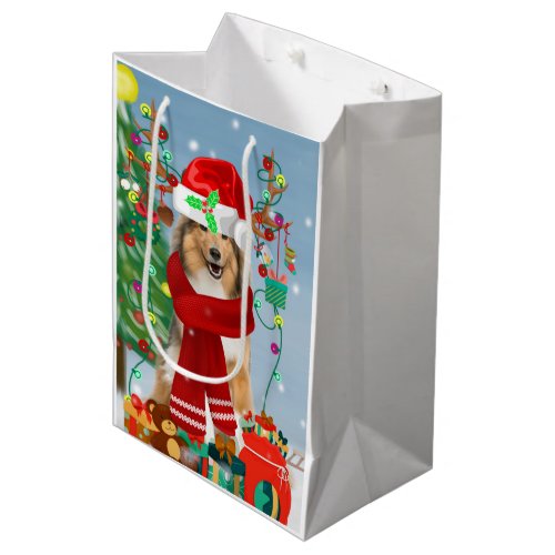 Rough Collie Dog in Snow Christmas Gift   Medium Gift Bag