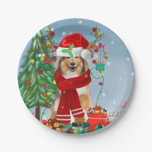 Rough Collie Dog in Snow Christmas Gift Paper Plates