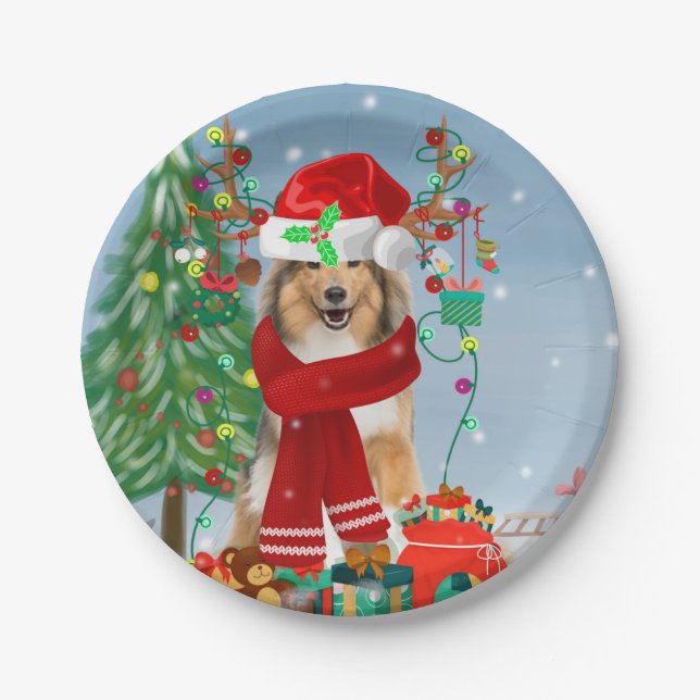 Rough Collie Dog in Snow Christmas Gift Paper Plates (Front)