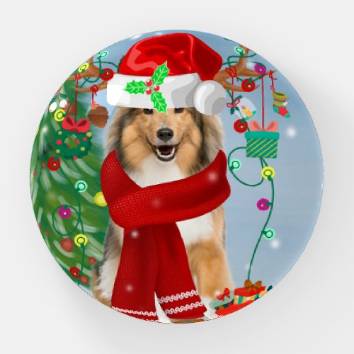 Rough Collie Dog in Snow Christmas Gift   Paperweight