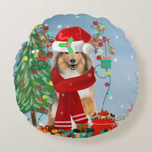 Rough Collie Dog in Snow Christmas Gift   Round Pillow