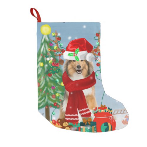 Rough Collie Dog in Snow Christmas Gift   Small Christmas Stocking