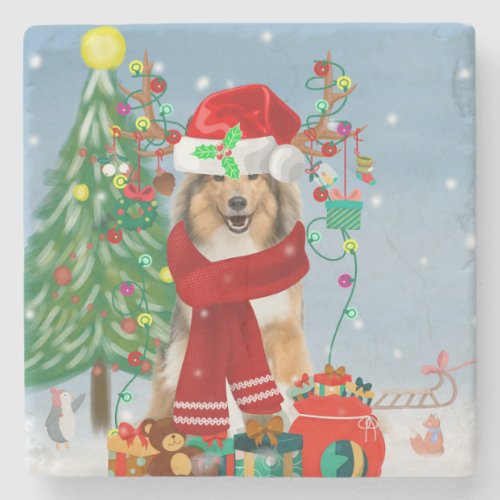 Rough Collie Dog in Snow Christmas Gift   Stone Coaster