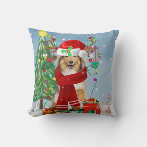 Rough Collie Dog in Snow Christmas Gift  Throw Pillow