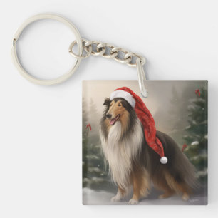 Rough Collie Dog in Snow Christmas Keychain