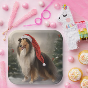 Rough Collie Dog in Snow Christmas Paper Plates