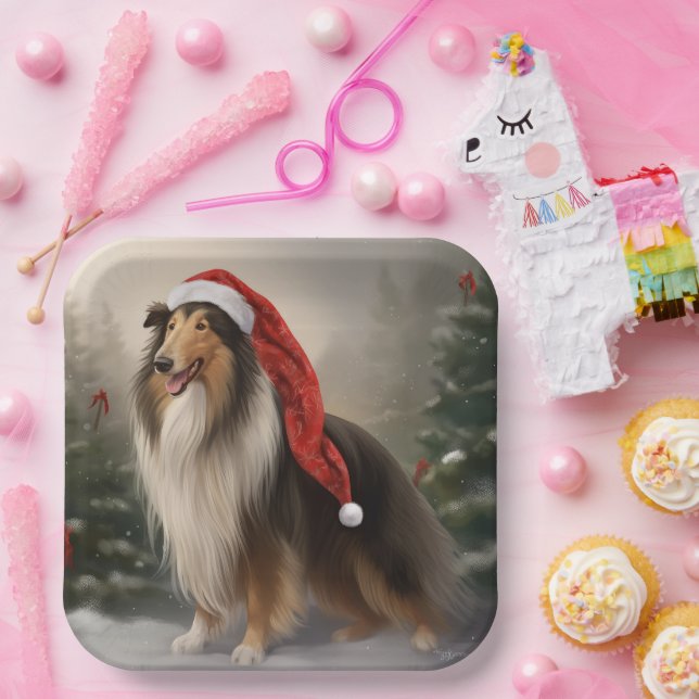 Rough Collie Dog in Snow Christmas Paper Plates (Party)