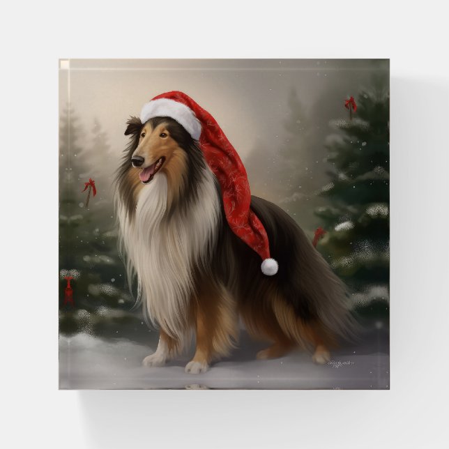Rough Collie Dog in Snow Christmas Paperweight (Front)