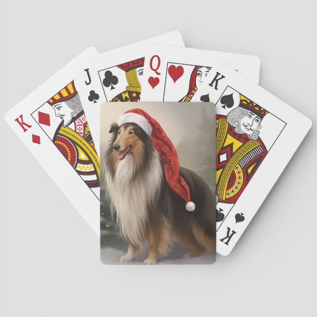 Rough Collie Dog in Snow Christmas Poker Cards (Back)