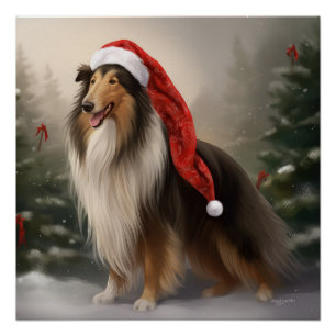 Rough Collie Dog in Snow Christmas Poster