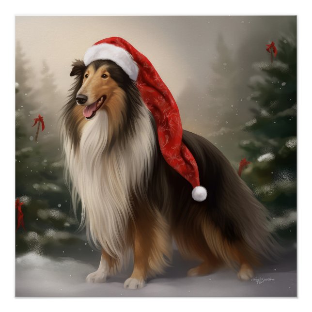 Rough Collie Dog in Snow Christmas Poster (Front)