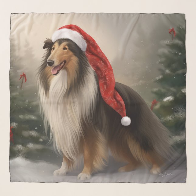 Rough Collie Dog in Snow Christmas Scarf (Front)