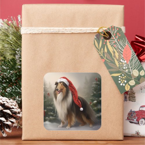 Rough Collie Dog in Snow Christmas Square Sticker