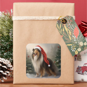 Rough Collie Dog in Snow Christmas Square Sticker