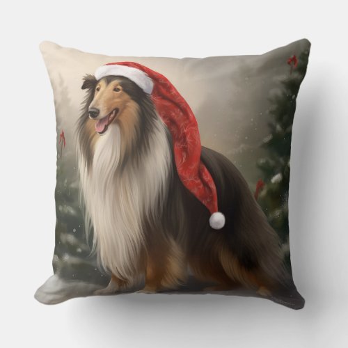 Rough Collie Dog in Snow Christmas Throw Pillow