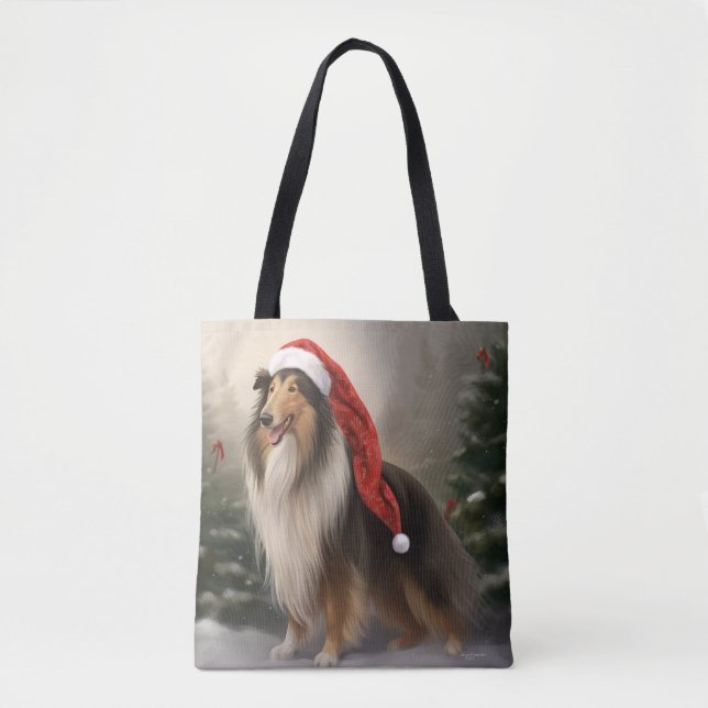 Rough Collie Dog in Snow Christmas Tote Bag (Front)