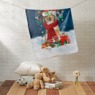 Rough Collie Dog in Snow with Christmas Gifts Baby Blanket