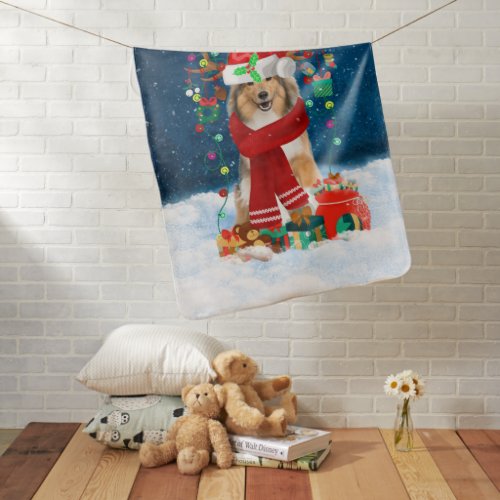 Rough Collie Dog in Snow with Christmas Gifts  Baby Blanket