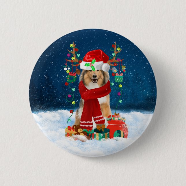 Rough Collie Dog in Snow with Christmas Gifts  Button (Front)